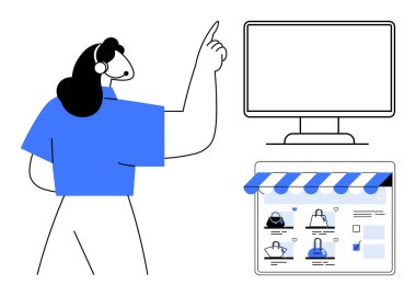 Ürünleri gösteren bir çevrimiçi mağaza arayüzünün yanındaki boş bir bilgisayar ekranına bakan kadın. E-ticaret, çevrimiçi alışveriş, dijital pazarlama, müşteri desteği, ürün listeleme, iş için ideal