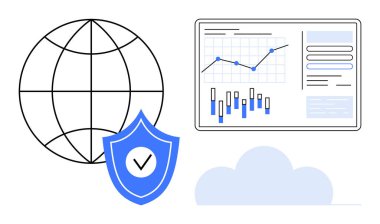 Kalkanlı dünya, grafik ve çizelgeleri gösteren veri analizi ve bulut simgesi. Siber güvenlik, veri analizi, bulut hesaplaması, küresel ağlar, bilişim altyapısı, iş analizleri için ideal