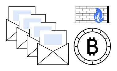 Four email envelopes with attachments, a firewall with a blue flame, and a Bitcoin symbol. Ideal for cybersecurity, financial transactions, blockchain, secure communications, digital money, network clipart