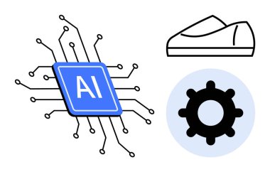 Yapay zeka mikroçipi devre hatlarına bağlı, açık mavi üzerindeki dişli sembolü, siyah ayakkabı izi. Teknoloji entegrasyonu, yapay zeka, moda yeniliği, mühendislik için ideal