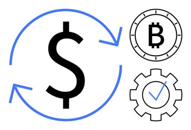 Döviz oklu dolar işareti, Bitcoin sembolü ve işaretli teçhizat. Finans, kripto para birimi, yatırım, teknoloji, engelleme zinciri, iş planlaması, danışmanlık için ideal. Satır metaforu