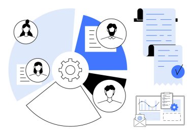 Vurgulanmış üç takım üyesinin diyagramı, iş akışını simgeleyen bir vites, dokümanlar, işaretli bir parşömen ve zarflı veri tabloları. Takım yönetimi, iş akışı ve belge için ideal