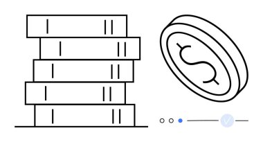 Bir dolar işareti olan bir madeni paranın yanında dört kitap yığını. Eğitim, finans, tasarruf, yatırım, ekonomi, öğrenme ve bütçe temaları için idealdir. Satır metaforu