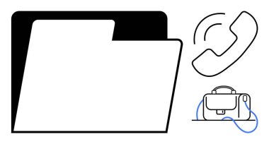 Dizin, telefon alıcısı ve evrak çantası iş iletişimini ve organizasyonu temsil ediyor. Ofis işi, iş iletişimi, organizasyonel araçlar, veri yönetimi, profesyonel ayarlar için ideal