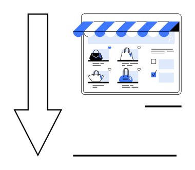 E-ticaret sitesinde mavi-beyaz bir tentenin altında el çantaları sergileniyor. Başparmaklar simgeler, filtreler ve özelleştirilmiş ürünler gösteriliyor. Çevrimiçi alışveriş, perakende satış, e-ticaret, moda için ideal