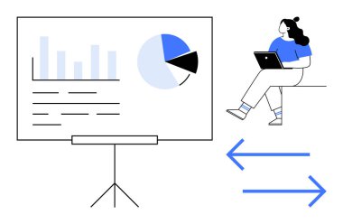 Profesyonel bir kadın dizüstü bilgisayar tutuyor, analitiği ekranda bar ve pasta grafikleriyle sunuyor. İş sunumları, veri analizi, eğitim, uzaktan çalışma, mali raporlar ve eğitim için ideal