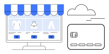 Çevrimiçi mağaza, mağaza önü, ürün resimleri ve alışveriş arabası. Ödeme kartı ve bulut simgesi güvenli çevrimiçi işlemleri gösteriyor. Perakende, e-ticaret, çevrimiçi işletmeler, pazarlar için ideal