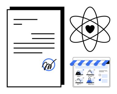 Üzerinde imzası olan resmi bir belge, atomik bir yapının içindeki kalp ve online bir alışveriş sayfası. İş, alışveriş, e-ticaret, sözleşmeler, aşk bilimi ve dijital etkileşimler için ideal. Çizgi