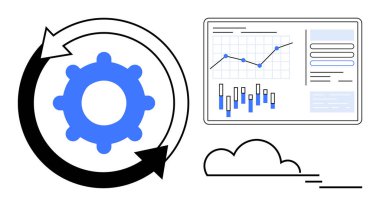 Dönen okları olan dişliler, grafikleri olan veri grafikleri ve bar diyagramları olan, bulut. Veri analizi, iş büyümesi, proje yönetimi, verimlilik, sürekli gelişme, bulut hesaplama için ideal