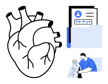 İnsan kalbi anatomisi şeması, EKG raporlu tıbbi belgeler, alışveriş torbaları taşıyan kişi. Sağlık, tıp eğitimi, kardiyoloji, hasta kayıtları, alışveriş davranışları, yaşam tarzı için ideal