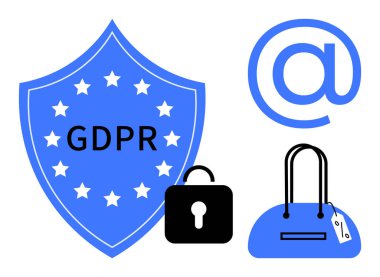 GDPR mesajı, kilit, e-posta sembolü ve satış etiketli alışveriş çantası olan bir kalkan. Veri gizliliği, e-ticaret güvenliği, müşteri koruması, çevrimiçi pazarlama, yasal uyum güvenli işlemler için ideal