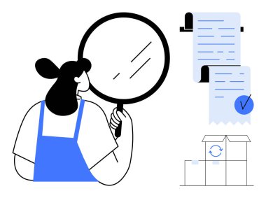 Büyüteç ve kontrol listesi belgeleriyle inceleme yapan bir kadın. Kalite güvencesi temaları, detaylı inceleme belgelerine dikkat çekmek müşteri hizmetleri ve doğruluğu için idealdir. Basitleştirilmiş