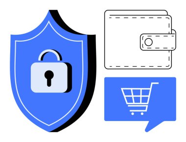 Kilitli siber güvenlik kalkanı, deri cüzdan ikonu, içinde alışveriş arabası olan konuşma balonu. Çevrimiçi güvenlik, e-ticaret, dijital cüzdanlar, ödeme koruması, mahremiyet, mali güvenlik için ideal