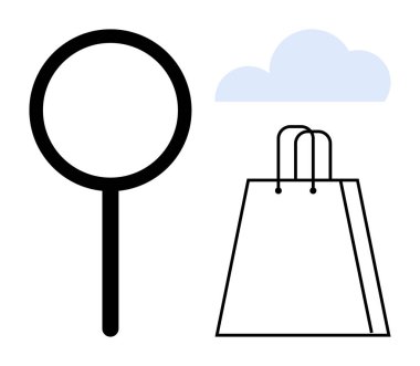 Büyüteç, alışveriş torbası ve bulut. Çevrimiçi alışveriş, e-ticaret, ürün araması, web araştırması, tüketici davranış piyasa analizi için ideal. Satır metaforu