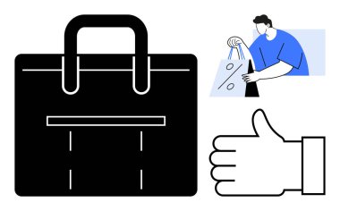 Large shopping bag, person receiving items, and thumbs up gesture. Ideal for e-commerce, retail, customer satisfaction, delivery services, online purchasing, marketing and consumer behavior themes clipart