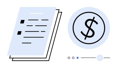 Mavi çemberdeki bir dolar işaretinin yanında kurşun noktaları olan bir yığın belge. Finans, muhasebe, bütçe, yatırım, planlama, raporlar ve analiz için ideal. Satır metaforu