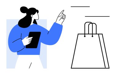 Elinde tablet olan kadın büyük bir alışveriş çantasını işaret ediyor. E-ticaret, çevrimiçi alışveriş, perakende satış, dijital pazarlama, müşteri deneyimi, mobil ticaret ve görsel hikaye anlatma için idealdir. Satır metaforu