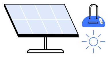 Güneş paneli, sürdürülebilir perakende satış yaptığını gösteren el çantasının yanında güneş ışığı topluyor. Yeşil enerji, çevre dostu ürünler, sürdürülebilirlik, yenilenebilir enerji, güneş teknolojisi, perakende ekolojik kavramlar için ideal