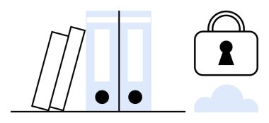 Raftaki dosyalar ve bulut üzerindeki asma kilit güvenli belge depolama ve korumayı simgeliyor. Ofis organizasyonu, veri güvenliği, bulut bilgisayarı, mahremiyet, gizlilik için ideal