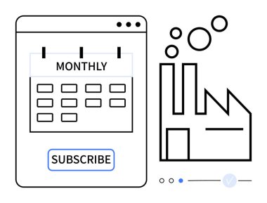 Aylık takvim sayfası. Üyelik tuşu, fabrika ana hatları yayan baloncukların yanında. Abonelik hizmetleri, üretim programları, endüstriyel planlama, aylık hatırlatıcılar için ideal, çevrimiçi