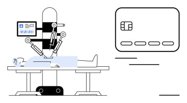 Robot ameliyathanede hastaya ameliyat yapıyor. Yanında da büyük bir kredi kartı var. Sağlık teknolojisi için ideal, robotik cerrahi, dijital güvenlik, tıbbi gelişmeler, gelecek