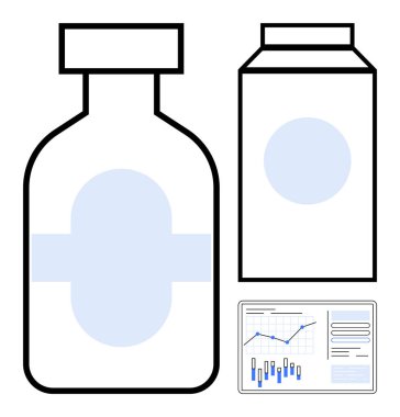 Tıbbi şişe ve mavi etiketli ilaç kutusu ve veri analiz çizelgesi. Eczacılık, sağlık uygulamaları, ilaç takibi, tıbbi araştırma, sağlık pazarlaması, veri analizi için ideal