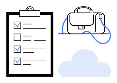 Kontrol listesi panosu, saplı ve kayışlı çanta ve bulut simgesi. İş planlaması, organizasyon görevleri, üretkenlik araçları, ofis yönetimi, evrak dinamikleri, iş seyahati için ideal
