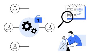 Kullanıcı simgelerine bağlı vitesler, büyüteçli bir takvim ve alışveriş torbaları tutan bir kişi. Takım çalışması, proje yönetimi, etkinlik planlaması, güvenlik, alışveriş, organizasyon için ideal
