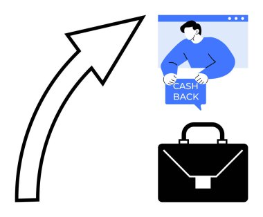Yukarı doğru ok, elinde para çekme işareti ve siyah bir evrak çantası olan birinin yanında büyümeyi temsil eder. İşletme büyümesi, nakitle yapılan promosyonlar, finansal kazanç, pazarlama stratejileri ve verimlilik için ideal