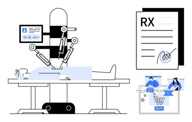 Cerrahi masadaki hastaya robotik silahlar, reçeteli belgeler ve çevrimiçi ilaç alışveriş arabasında. Sağlık hizmetleri yeniliği, robotik cerrahi, teletıp, e-sağlık, reçeteler için ideal