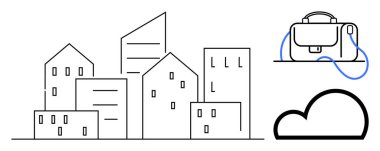 Çeşitli binaları olan şehir manzarası, sağında modern bir evrak çantası ve altında bir bulut sembolü. Akıllı ofis kavramları, kentsel planlama, dijital depolama, teknoloji çözümleri, modern