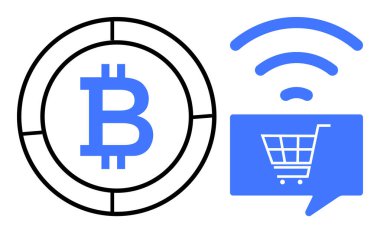 Bitcoin sembolü ve kablosuz sinyalli bir alışveriş arabası ikonu. Kripto para birimi, e-ticaret, çevrimiçi işlemler, dijital para birimi, mobil ödemeler, finansal teknoloji, engelleme zinciri için ideal. Çizgi