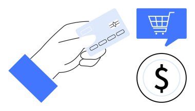 El ele tutuşan kredi kartı, mavi alışveriş arabası konuşma balonu ve çevrimiçi ödemeyi gösteren dolar işareti çemberi. E-ticaret, çevrimiçi alışveriş, dijital işlemler, ödeme kapıları için ideal