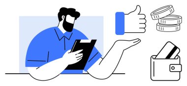 Elinde not panosu olan bir adam, baş parmak işareti, bozuk para yığını ve kredi kartı olan bir cüzdan taşıyor. Finans, iş, bankacılık, yatırım, para yönetimi, çevrimiçi ödeme için ideal