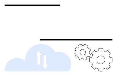 Okları olan bulut, veri transferinin mekanik dişlilerle eşleştiğini gösteriyor. Teknoloji entegrasyonu, bulut hesaplaması, sistem yönetimi, veri senkronizasyonu, bilişim işlemleri, dijital dönüşüm için ideal