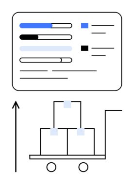 Grafikler veri ve el arabası dağılımı ve analizi gösteriyor. Lojistik, veri analizi, verimlilik, verimlilik, tedarik zinciri, büyüme ve strateji için ideal. Satır metaforu
