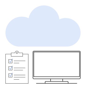 Bulut hesaplama uygulamalarını temsil eden kontrol işaretleriyle yukarıda bulut var. Veri güvenliği, çevrimiçi depolama, dijital iş akışı, iş planlaması, bilişim yönetimi, teknoloji için ideal