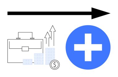 Evrak çantası, yığınla bozuk para, yükselen grafik ve artı işareti iş büyümesini, finansal başarıyı ve ileri momentumu gösteriyor. Finans, iş stratejileri ve yatırım ilerlemesi için ideal