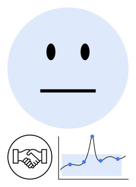 Tarafsız yüz tokalaşma sembolü ve veri grafiği ticari istikrar, ortaklık, analiz, strateji, işbirliği, duygu ve iletişim temalarını vurguluyor. Satır metaforu
