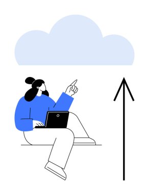 Dizüstü bilgisayarı olan bir adam yukarı doğru işaret ediyor. Bulut hesaplama, veri depolama, çevrimiçi hizmetler, bilişim altyapısı, dijital dönüşüm, internet bağlantısı, uzaktan kumanda