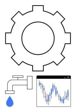 Mavi damlalı ve dalgalı finansal grafiği olan su musluğunun yanında endüstriyel mekanizmaları sembolize eder. Mühendislik, bakım, su yönetimi, finans ve sanayi süreçleri için ideal
