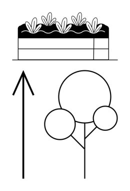 Toprakla bitkilerin kesiştiği yer yukarı bakan ok ve dairesel yapraklı ağaç. Tarım, çevre bilimi, eğitim, peyzaj, botanik, sürdürülebilirlik çevre dostu