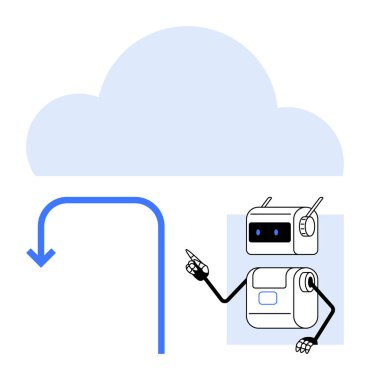 Sivri uçlu robot bulutu hedef alan okun yanında duruyor. Teknoloji, dijital hizmetler, otomasyon, bulut depolama, veri yönetimi, yapay zeka, geleceğin teknolojisi için ideal. Çizgi