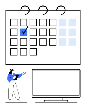 Bir takvime işaretli tarih ve işaretli büyük bir ekranı işaret eden bir tabletle takım üyesi. Zamanlama, planlama, sunumlar, eğitim oturumları, proje yönetimi için ideal