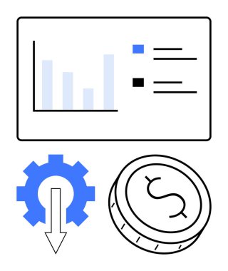 Verili çubuk grafik, aşağı doğru ok ve bozuk para ile vites. İş, finans, ekonomi, yatırım, piyasa analizi, maliyet düşüşü ve bütçe temaları için ideal. Satır metaforu