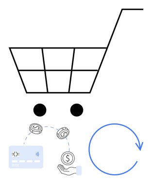 Ödeme yöntemleri, bozuk paralar ve geri dönüşüm okuyla alışveriş arabası. E-ticaret, ödeme sistemleri, para iadesi, dijital işlemler, alışveriş uygulamaları, finans iş süreçleri için idealdir. Satır metaforu