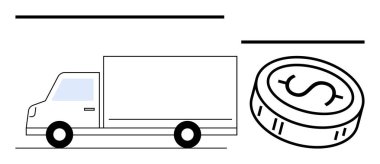 Kargo kamyonu hareket halinde ve yanında bir dolar değerinde para illüstrasyonu var. Lojistik, ulaşım, finansal hizmetler, ecommerce, dağıtım, ticaret, tedarik zinciri için ideal. Satır metaforu