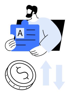 A harfli mavi yapboz parçası tutan kişi dolar işaretli siyah para, yukarı ve aşağı iki ok. Finans, eğitim, eğilimler, sorun çözme, iş stratejisi, yatırımlar için ideal