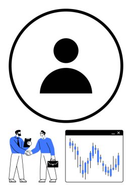 İki iş adamı el sıkışıyor, kullanıcı profili simgesi ve analizi gösteren finansal tablo. Ağ oluşturma, mesleki büyüme, kurumsal kimlik, takım çalışması, mali danışmanlık için ideal