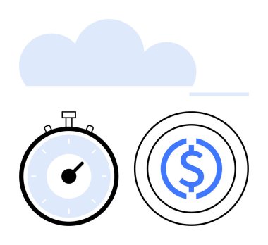 Stopclock dollar coin blue cloud. Ideal for themes productivity, time management, cost efficiency, finance, savings, cloud computing, technology. Line metaphor clipart